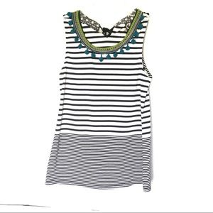 One September Striped Blue White Pom Pom Tank Top